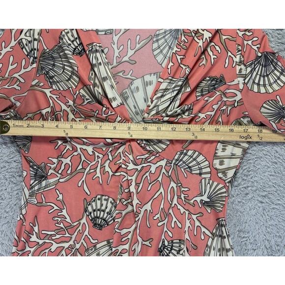Boston Proper Coral Beach Seashell Print 3/4 Sleeves V-Neck Ruched Top Size 5 - Picture 7 of 14